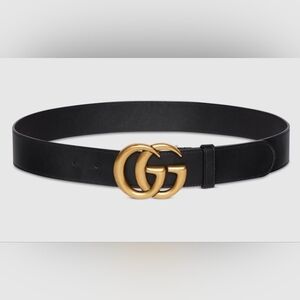 Gucci GG Marmont WIDE Black Leather Belt w/ Brushed Gold Buckle, Size 90/35.4